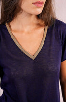 Navy Knitted Gold V Tee - Fleur - De - Lis Boutique