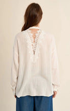 Long Sleeve White Woven Top Lace Detail - Fleur - De - Lis Boutique