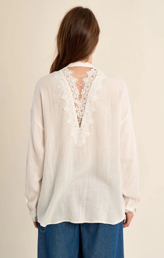 Long Sleeve White Woven Top Lace Detail - Fleur - De - Lis Boutique