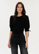Eleanor Mixed Media Tie Poplon Sleeve Top Black - Fleur-De-Lis Boutique