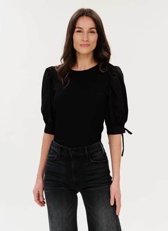 Eleanor Mixed Media Tie Poplon Sleeve Top Black - Fleur-De-Lis Boutique