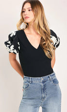 Black Puff Sleeve Embroidered Top - Fleur-De-Lis Boutique