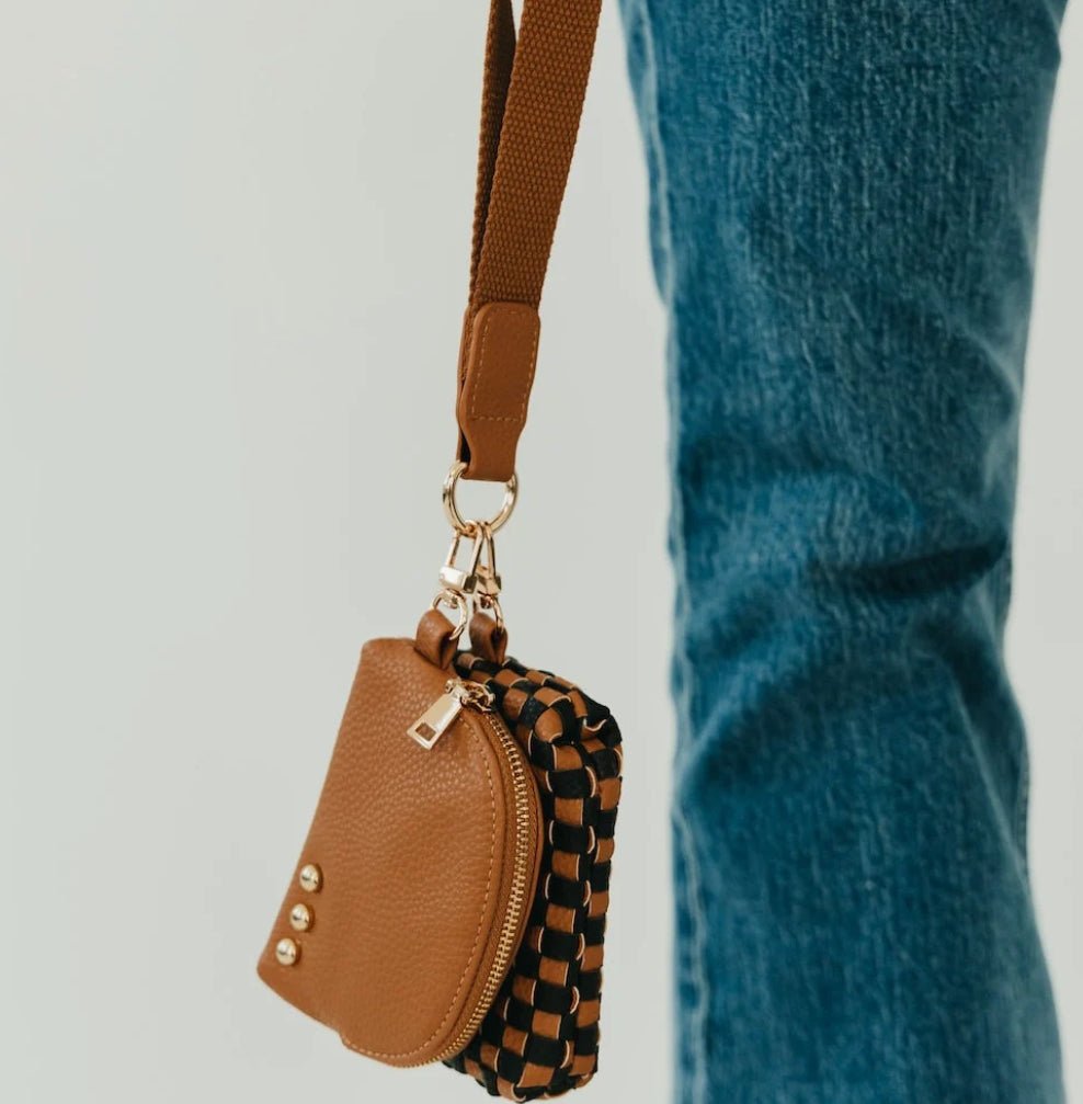 Wonderlust Woven Dual Pouch Wristlet Coffee Checkered - Fleur-De-Lis Boutique