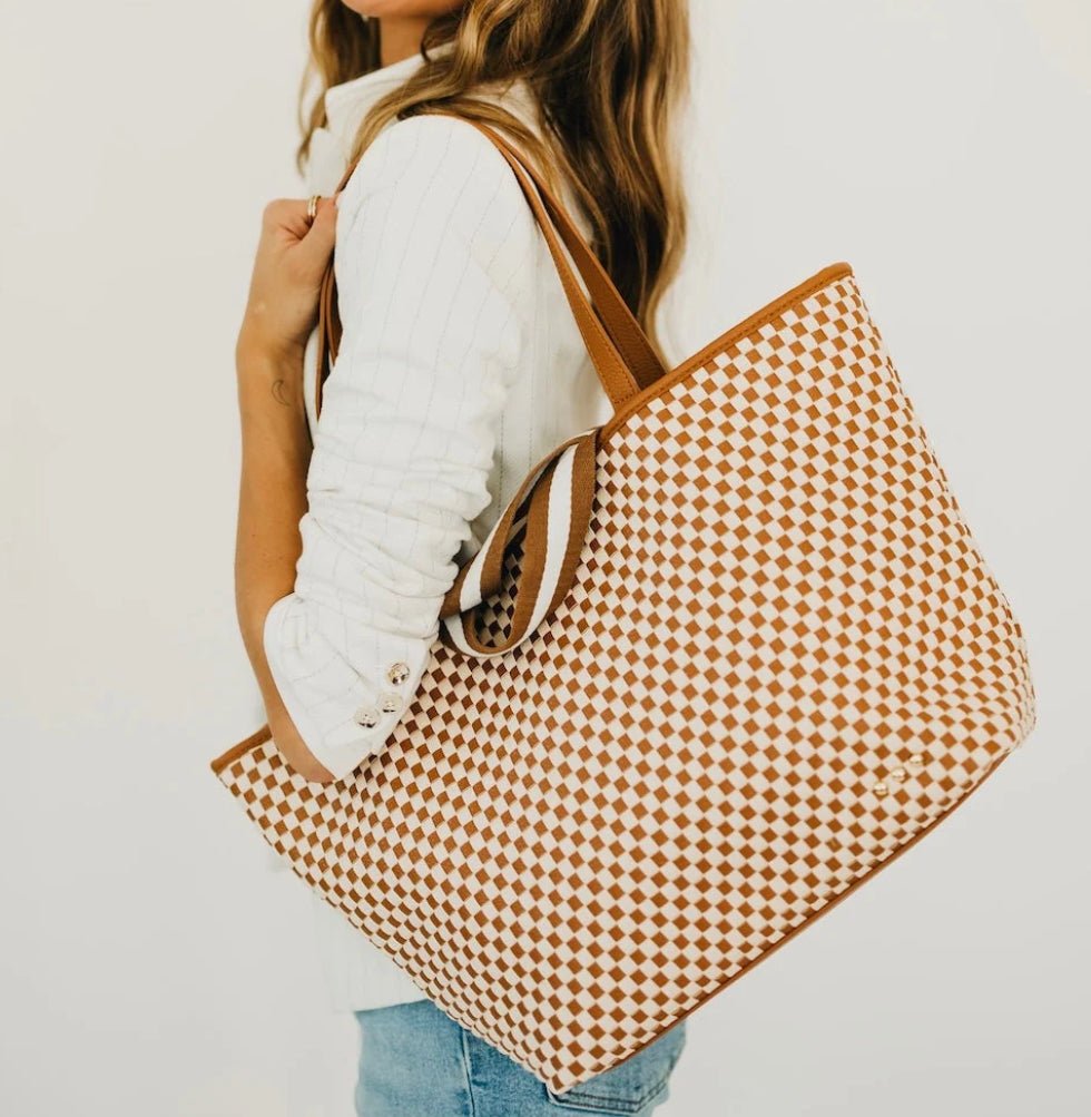 Pretty Simple Woven Tiffany Organizer Tote Checkered Brown - Fleur-De-Lis Boutique