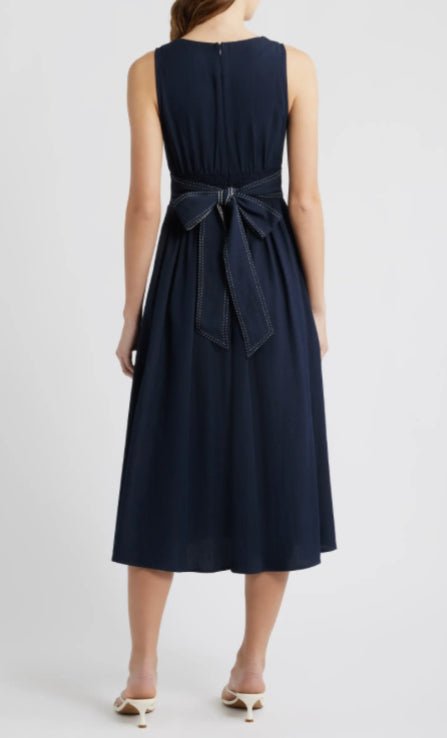 Moon River Tie Back Contrast Stitch Midi Dress - Fleur - De - Lis Boutique