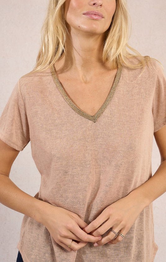 Beige Knitted Gold V Tee - Fleur - De - Lis Boutique