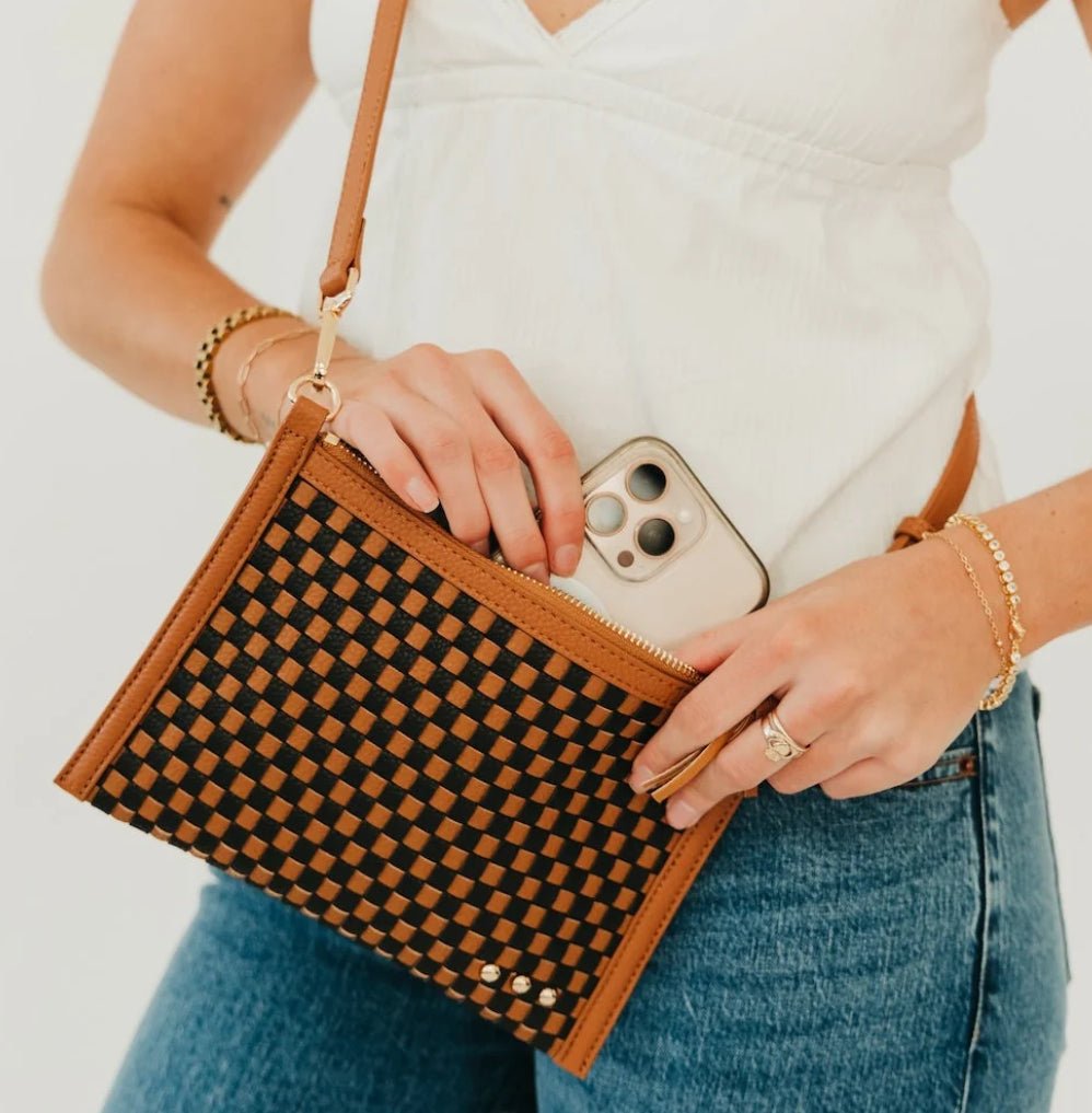 Veda Woven Crossbody and Clutch Checkered Coffee - Fleur-De-Lis Boutique