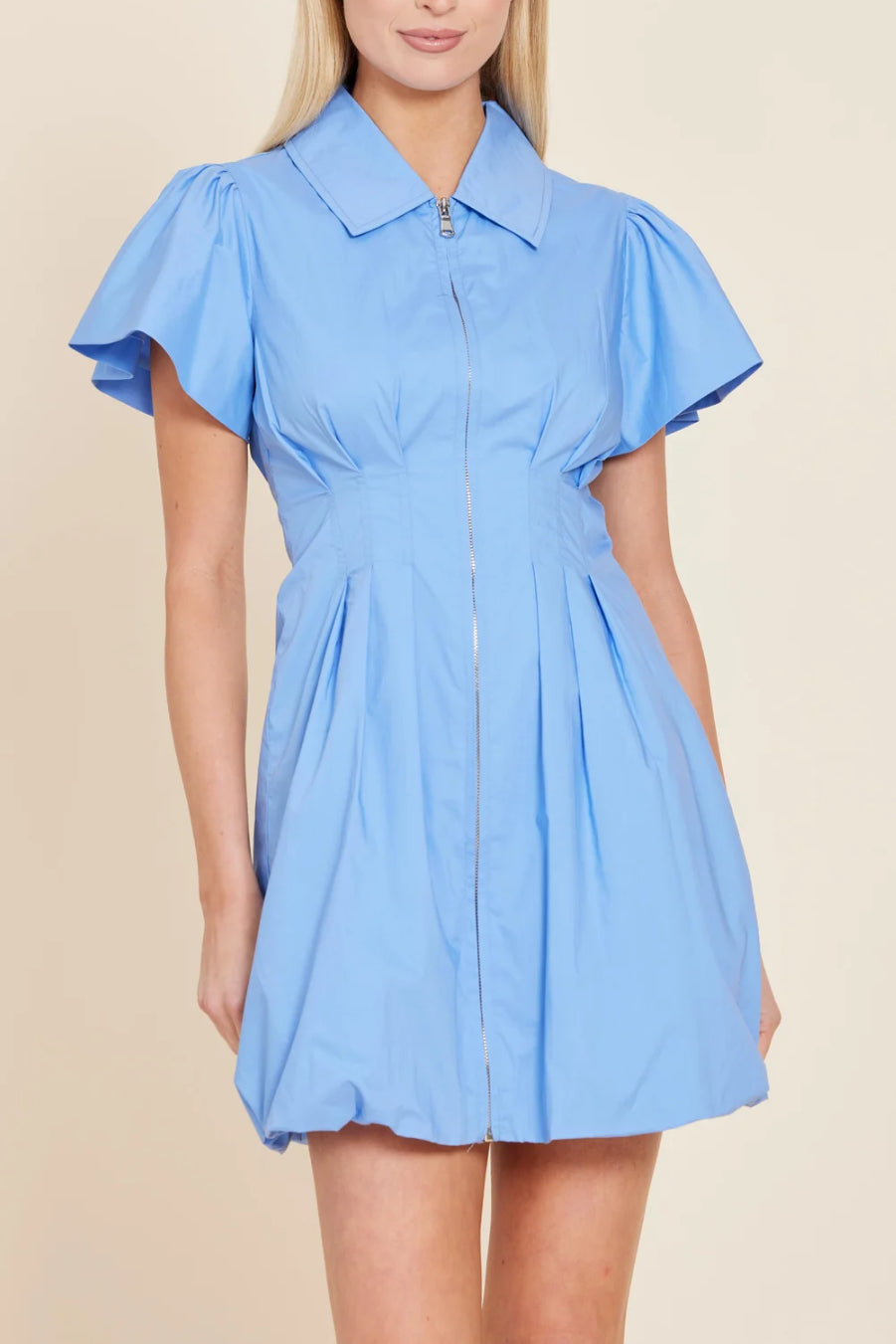 Blue poplin zip bubble mini dress