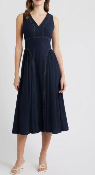 Moon River Tie Back Contrast Stitch Midi Dress - Fleur - De - Lis Boutique