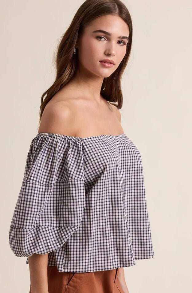 Off the Shoulder Gingham Top Navy/Cream - Fleur-De-Lis Boutique