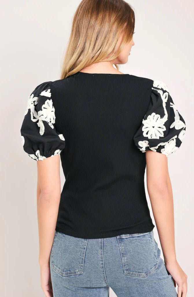 Black Puff Sleeve Embroidered Top - Fleur-De-Lis Boutique