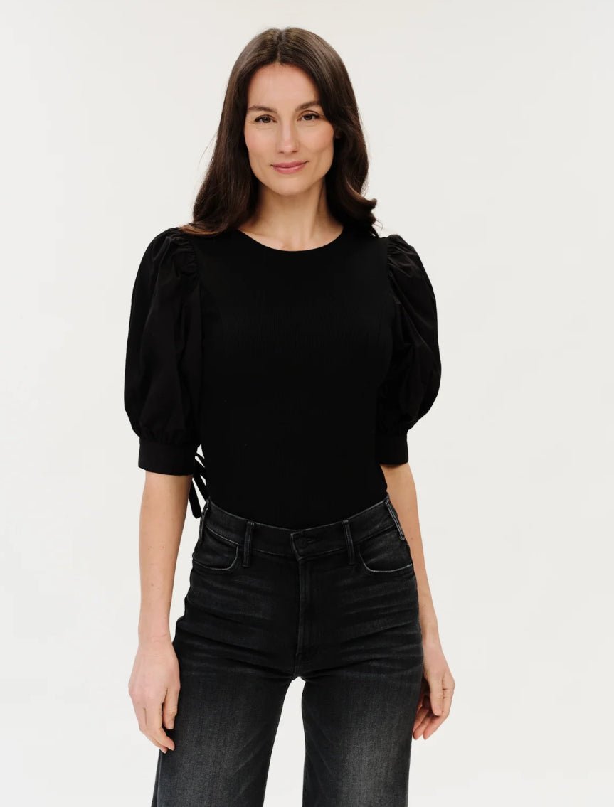 Eleanor Mixed Media Tie Poplon Sleeve Top Black - Fleur-De-Lis Boutique