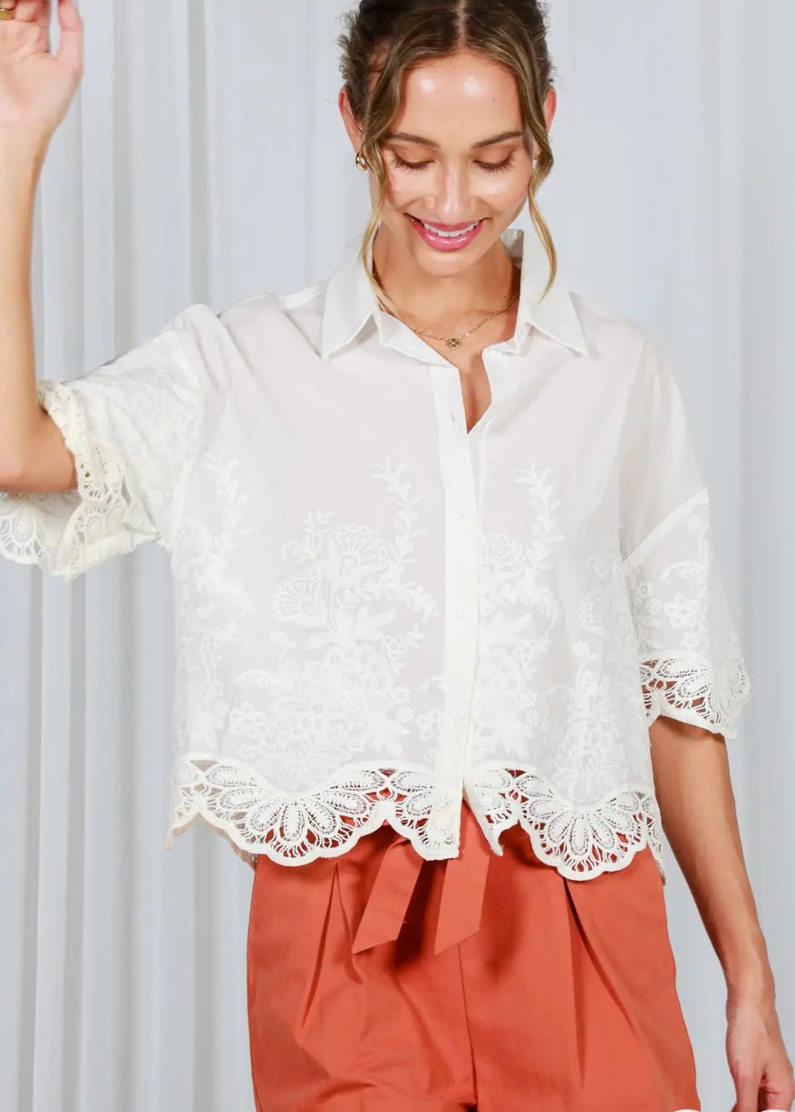 Vine & Love White Embroidered Eyelet Lace Blouse - Fleur - De - Lis Boutique