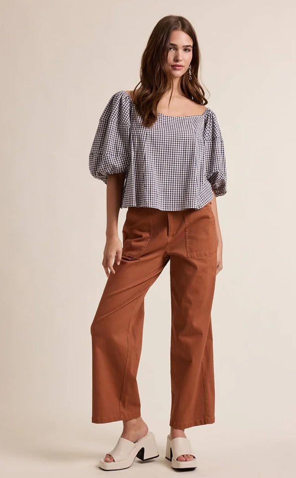 Off the Shoulder Gingham Top Navy/Cream - Fleur-De-Lis Boutique