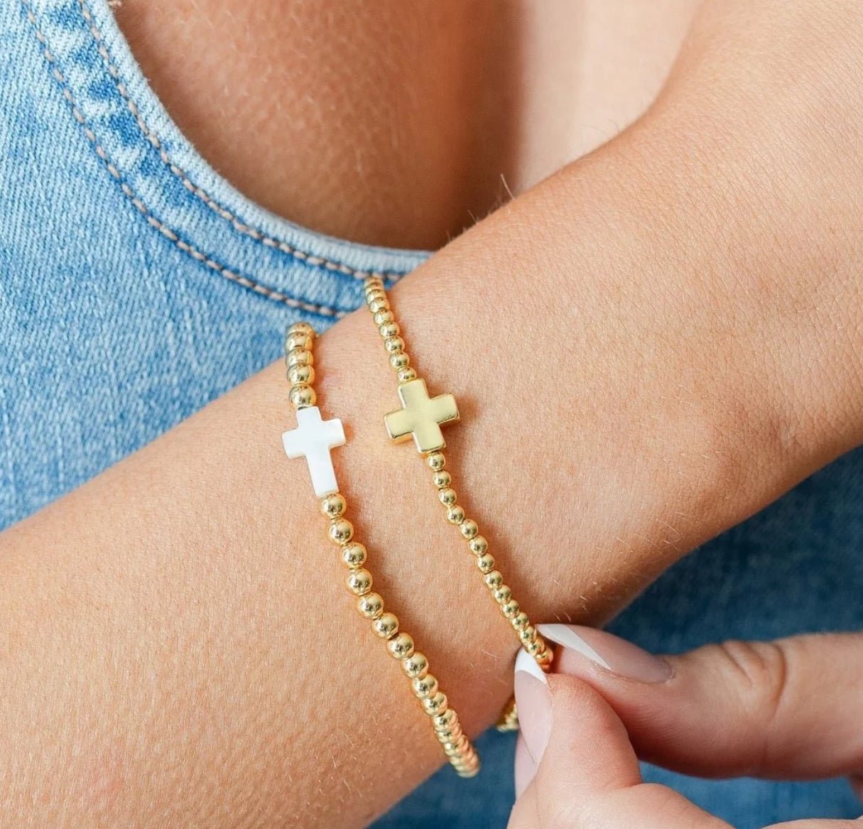 Single Gold Beaded Gold Cross Bracelet - Fleur-De-Lis Boutique