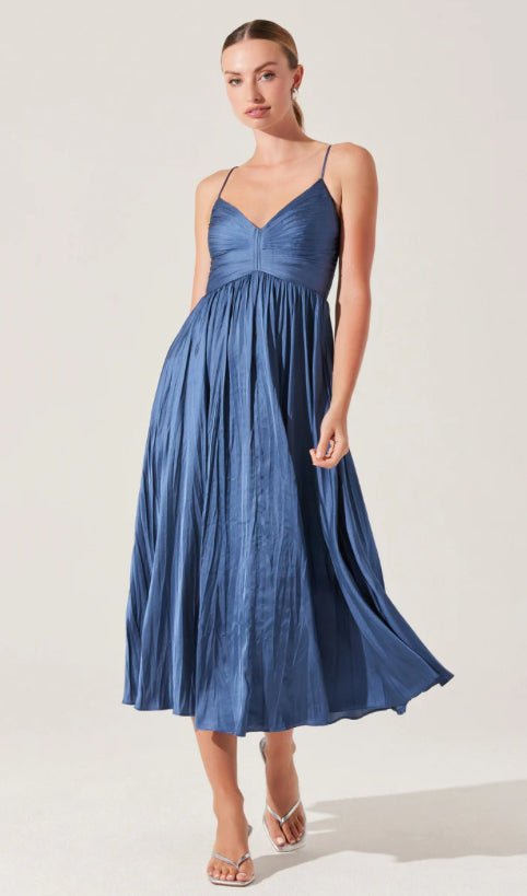 ASTR Maeve Pleated Dress Slate Blue - Fleur-De-Lis Boutique