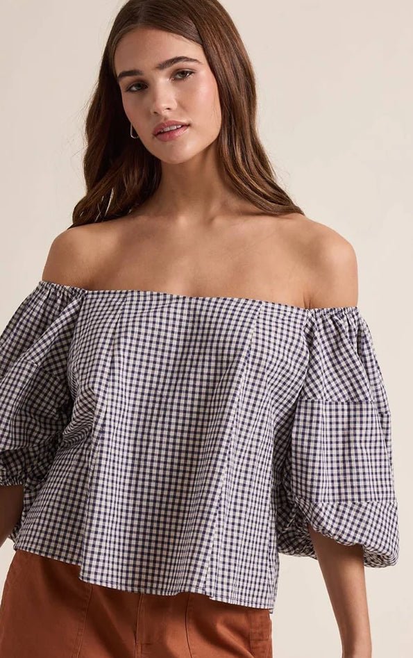 Off the Shoulder Gingham Top Navy/Cream - Fleur-De-Lis Boutique