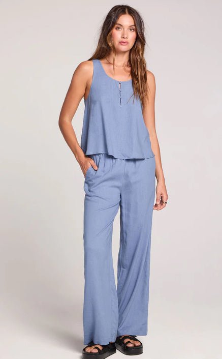 Woven Worn Blue Pull On Pant