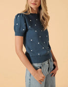 Round Neck Puff Short Sleeve Dot Sweater Dusty Blue - Fleur-De-Lis Boutique