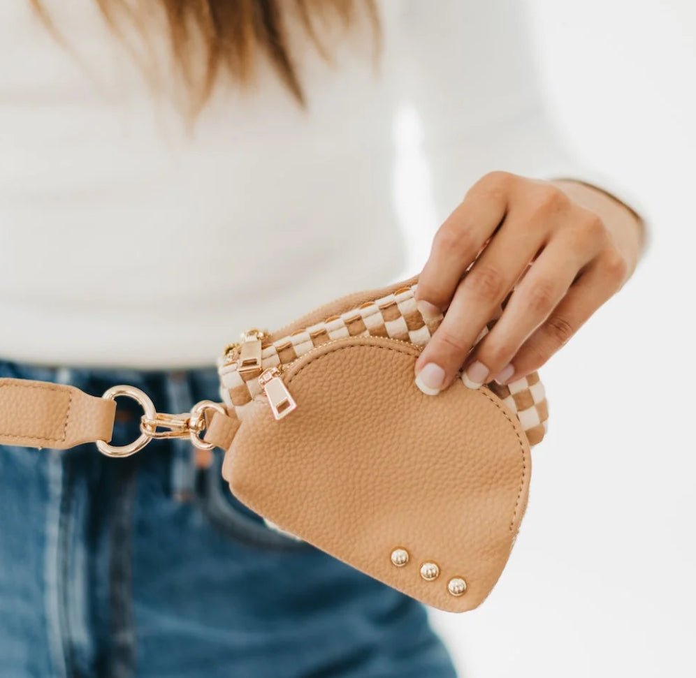 Wonderlust Woven Dual Pouch Wristlet Tan Checkered - Fleur-De-Lis Boutique