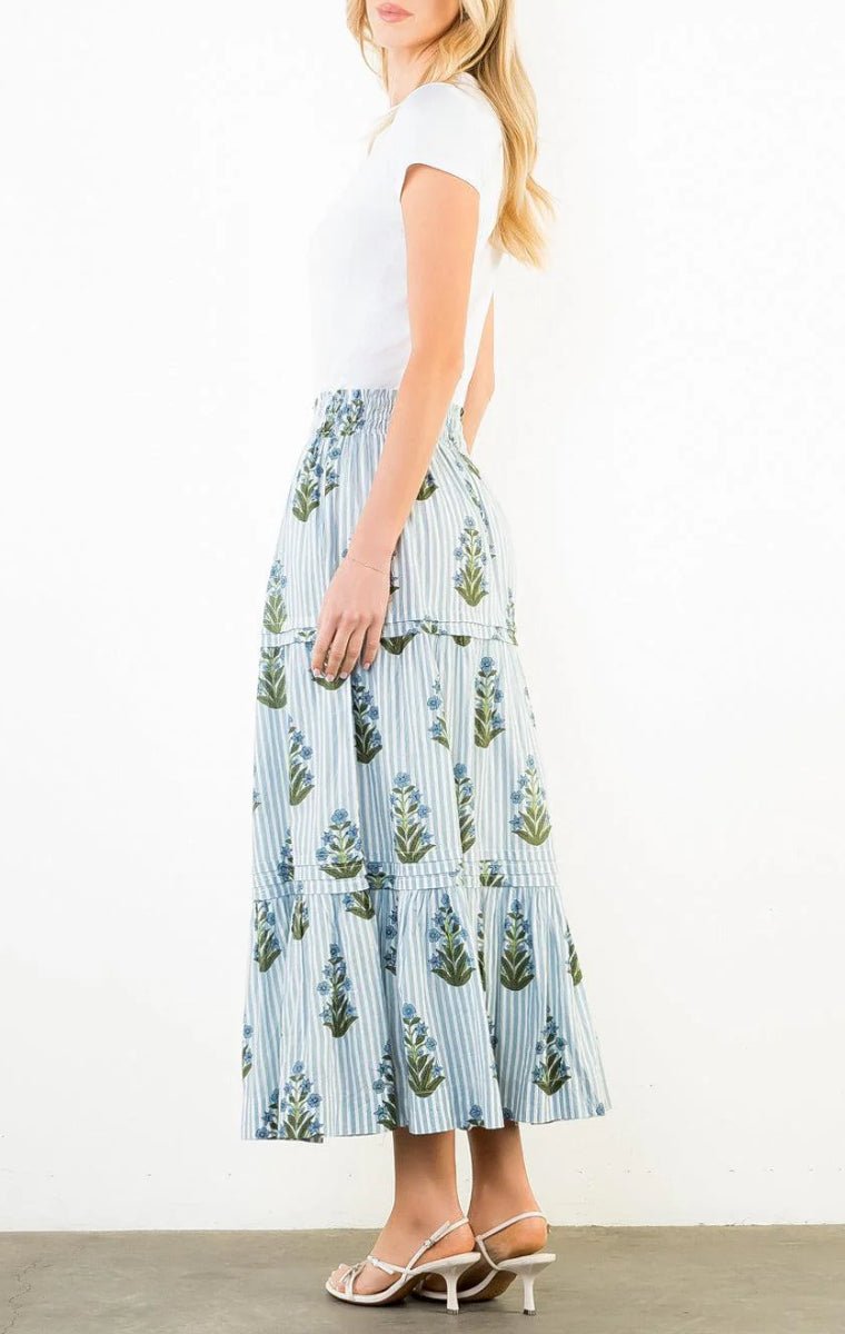 THML Long Striped Floral Pattern Midi Skirt - Fleur - De - Lis Boutique