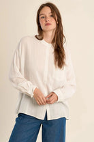 Long Sleeve White Woven Top Lace Detail - Fleur - De - Lis Boutique