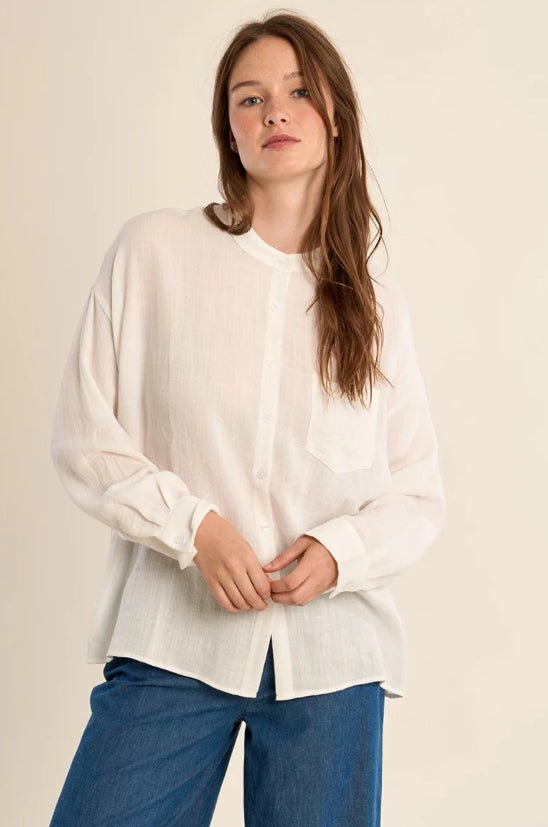 Long Sleeve White Woven Top Lace Detail - Fleur - De - Lis Boutique
