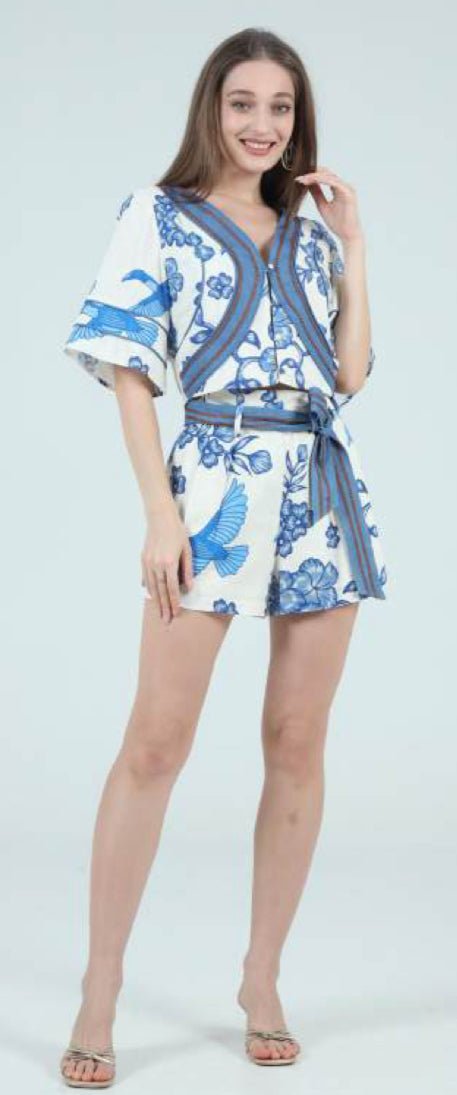 Aylaya Ella Printed Denim Short Sleeve Top Song Bird - Fleur - De - Lis Boutique