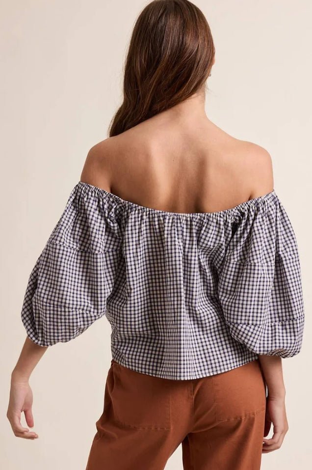 Off the Shoulder Gingham Top Navy/Cream - Fleur-De-Lis Boutique