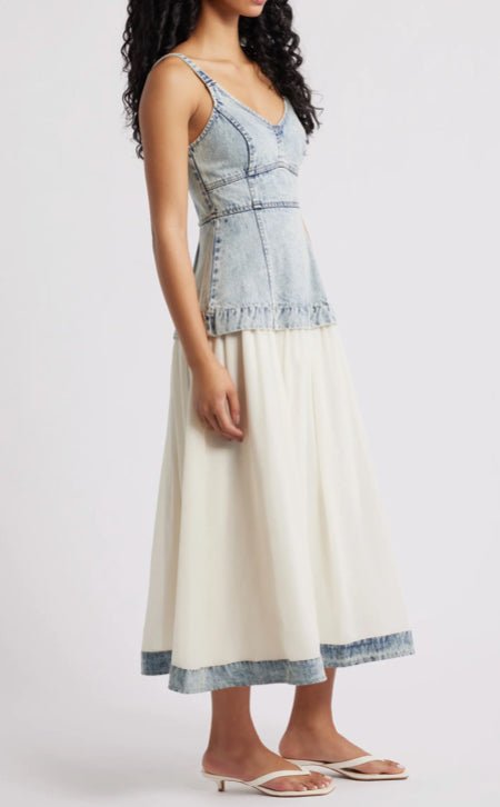 Mixed Media Washed Denim Sleeveless Midi - Fleur - De - Lis Boutique