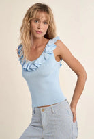 Molly Bracken Round Neck Tank Top with Ruffles Blue - Fleur - De - Lis Boutique