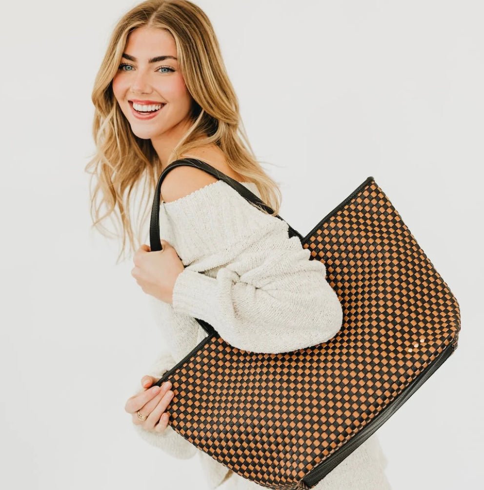 Pretty Simple Woven Tiffany Organizer Tote Checkered Coffee - Fleur-De-Lis Boutique