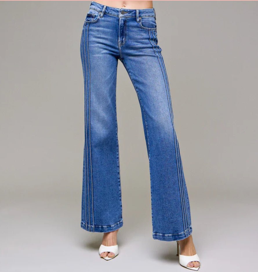 Hidden Pintuck Mid Rise Comfort Flare Dark Wash - Fleur - De - Lis Boutique