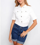 Hidden Short Sleeve Cropped Jacket White - Fleur - De - Lis Boutique