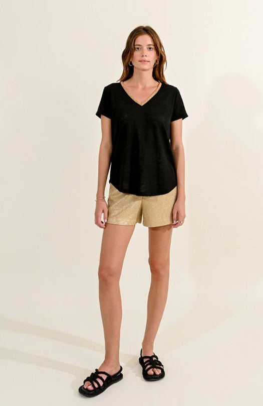 Black Knitted Gold V Tee - Fleur - De - Lis Boutique