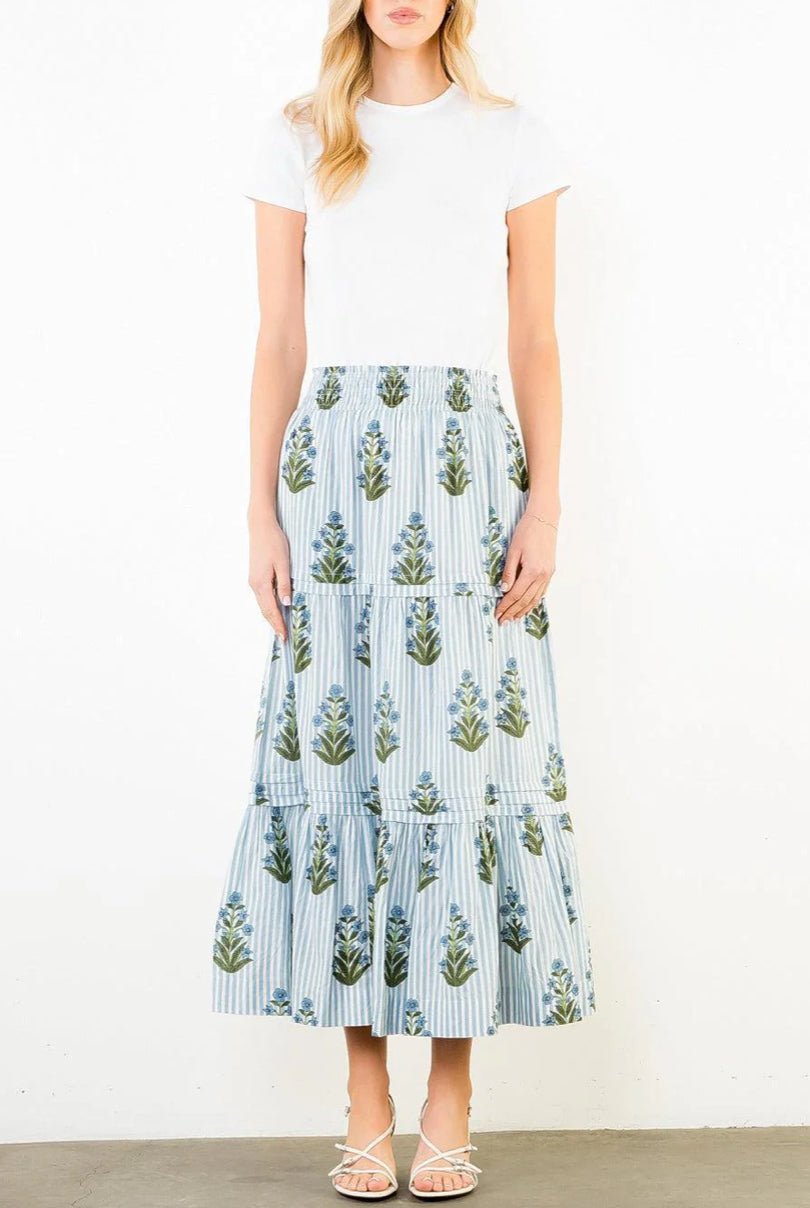 THML Long Striped Floral Pattern Midi Skirt - Fleur - De - Lis Boutique