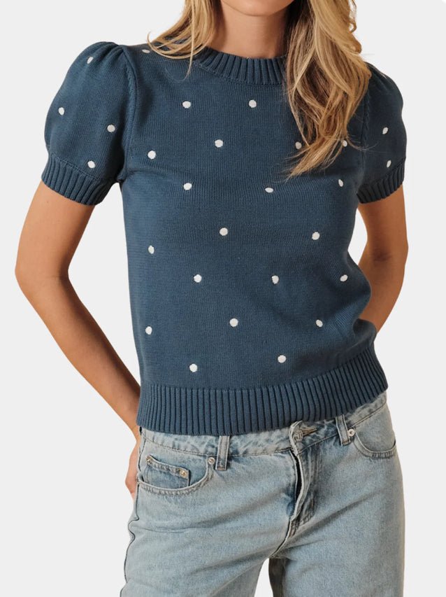 Round Neck Puff Short Sleeve Dot Sweater Dusty Blue - Fleur-De-Lis Boutique