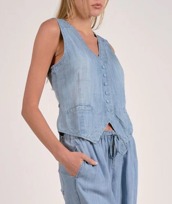 Elan Button Front Vest Blue - Fleur - De - Lis Boutique