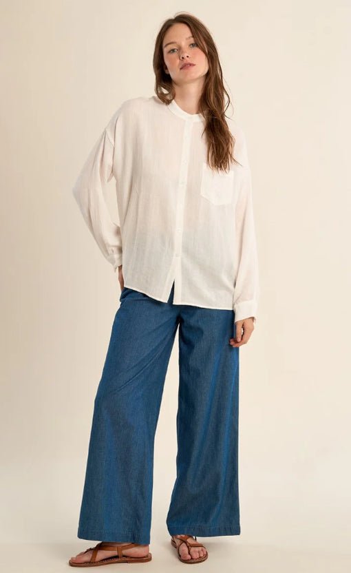 Long Sleeve White Woven Top Lace Detail - Fleur - De - Lis Boutique