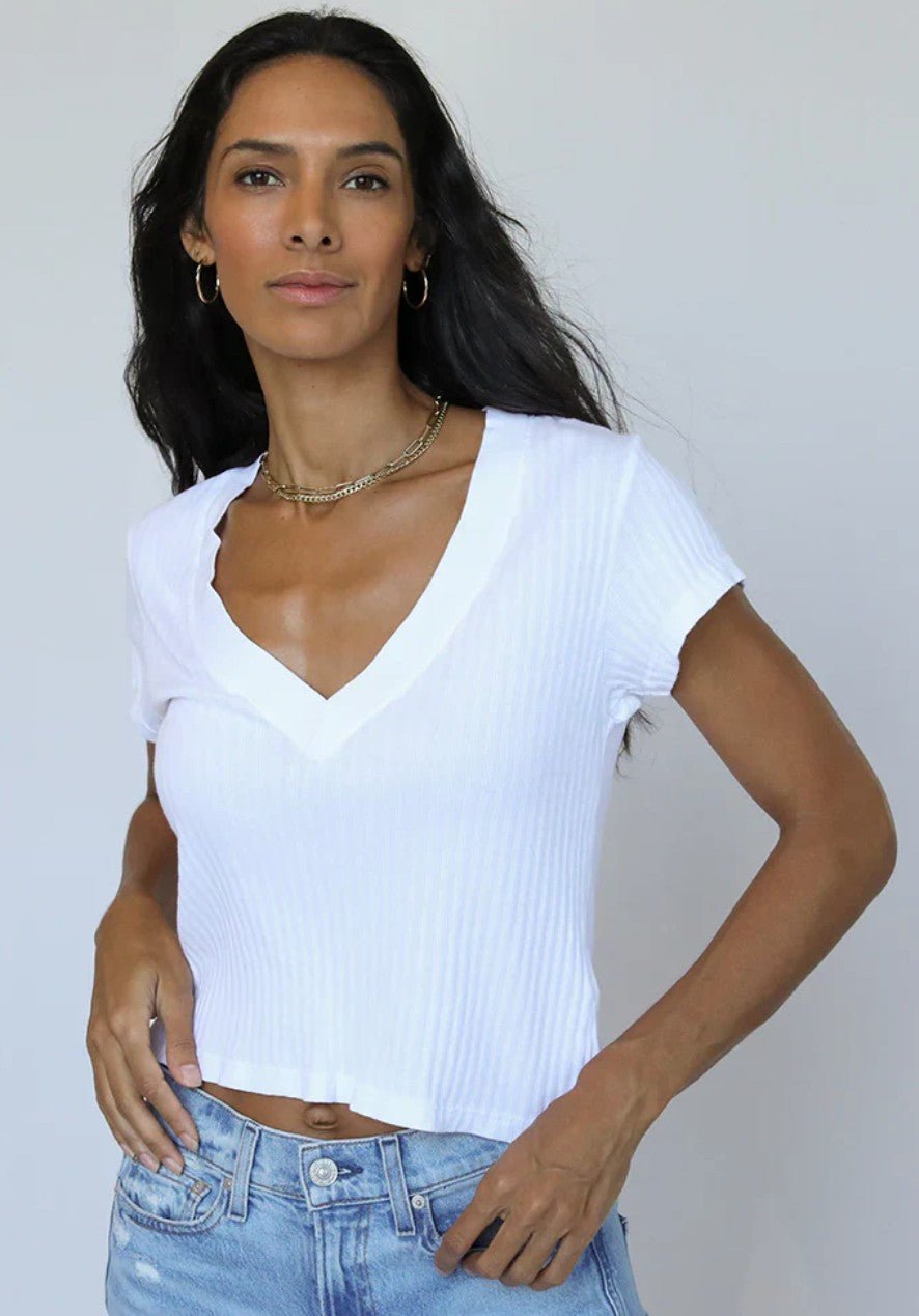 Perfect White Tee Bobby Rib V Neck White - Fleur - De - Lis Boutique