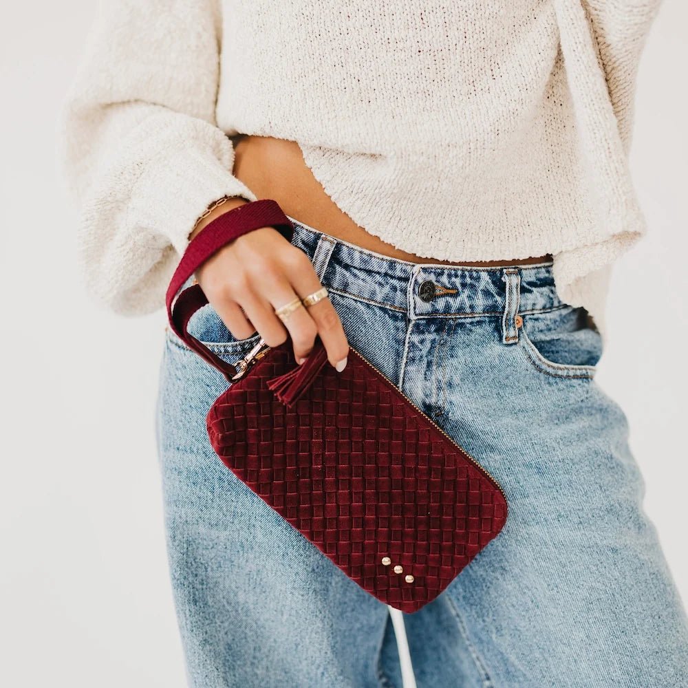 Pretty Simple Suede Emma Woven Clutch Wristlet Burgundy - Fleur-De-Lis Boutique