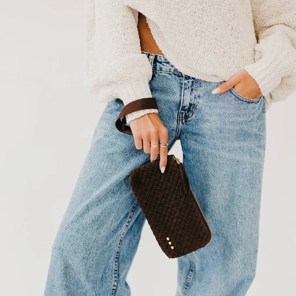 Pretty Simple Suede Emma Woven Clutch Wristlet Chocolate - Fleur-De-Lis Boutique
