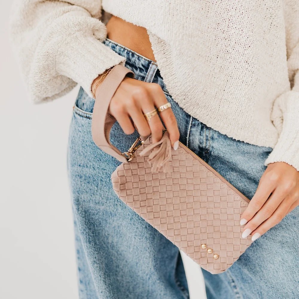 Pretty Simple Suede Emma Woven Clutch Wristlet Taupe - Fleur-De-Lis Boutique